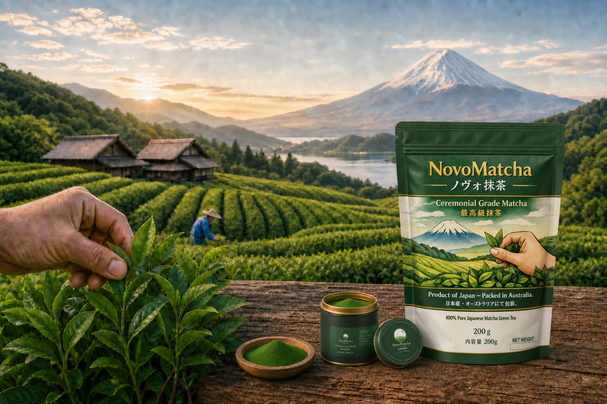 NovoMatcha matcha pouch, tin and a dish of matcha powder on a wooden table overlooking terraced tea gardens and Mount Fuji at sunrise