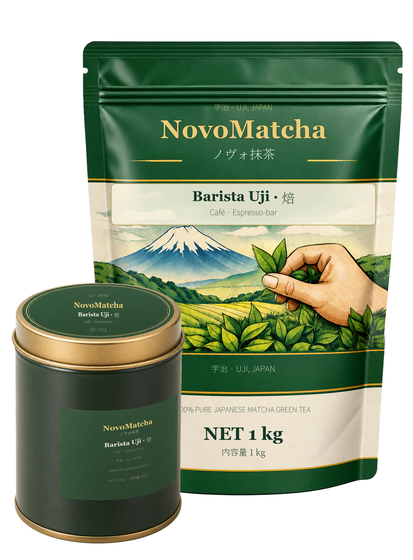 NovoMatcha Barista Uji 焙 — 100 g tin and 1 kg resealable pouch