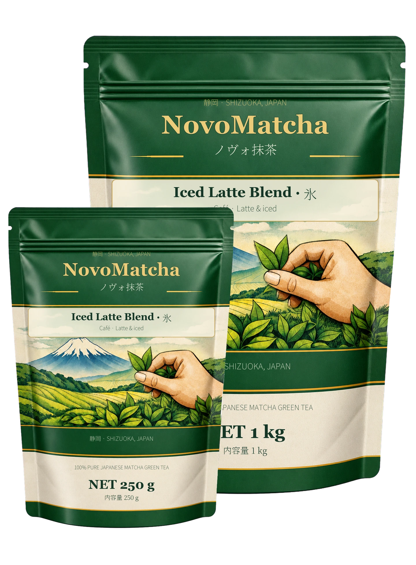 NovoMatcha Iced Latte Blend 氷 — 250 g and 1 kg resealable pouches