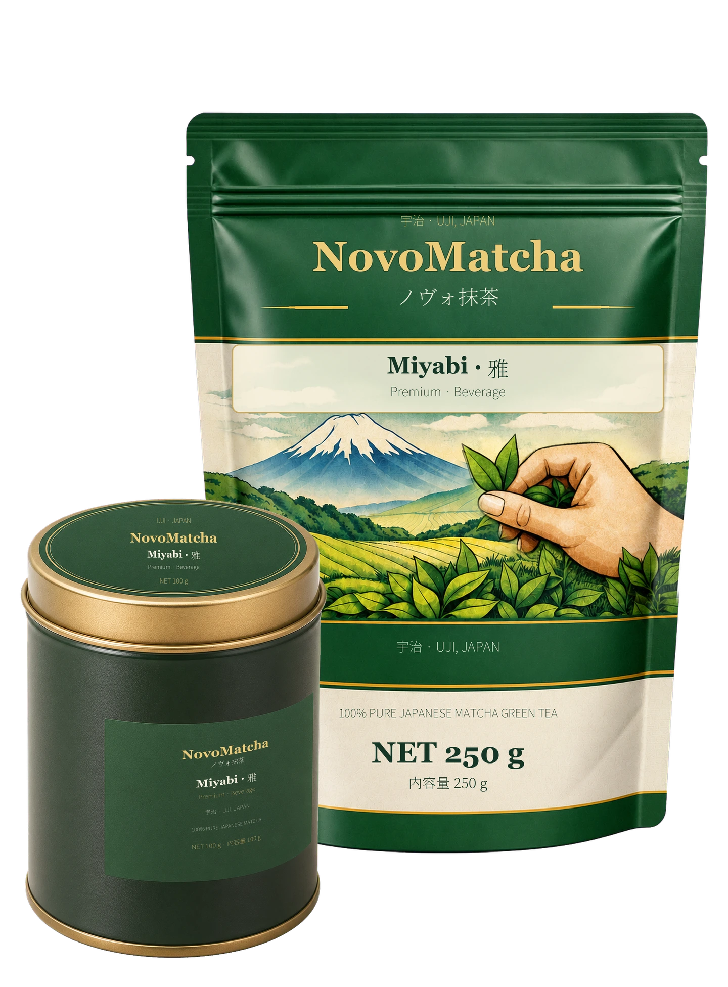 NovoMatcha Miyabi 雅 — 100 g tin and 250 g resealable pouch