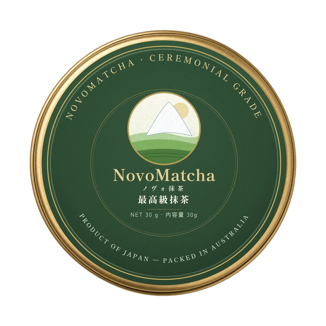 NovoMatcha ceremonial tin, gold lid top view