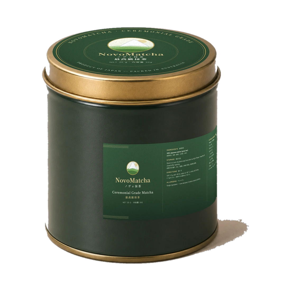 NovoMatcha ceremonial matcha 30 g tin with gold lid